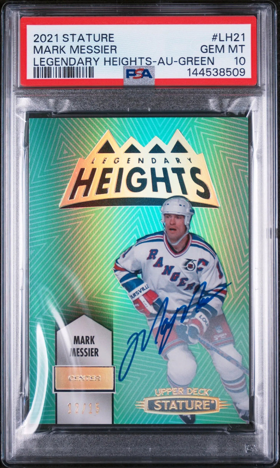 2021 Upper Deck Stature Legendary Heights Autograph Mark Messier Green/15 PSA 10