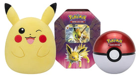 Pokemon TCG: Jolteon-GX Elemental Power Tin & Poké Ball Tin + 10" Winking Pikachu Squishmallow Bundle