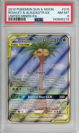 Pokemon Graded: Rowlet & Alolan Exeggutor GX 215/236 Full Art Holo PSA 8