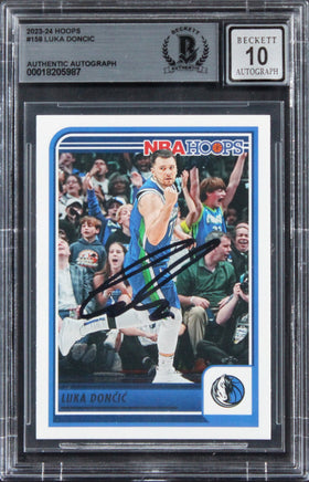 Mavericks Luka Doncic Signed 2023 Hoops #158 Card Auto Grade GM 10! BAS Slabbed