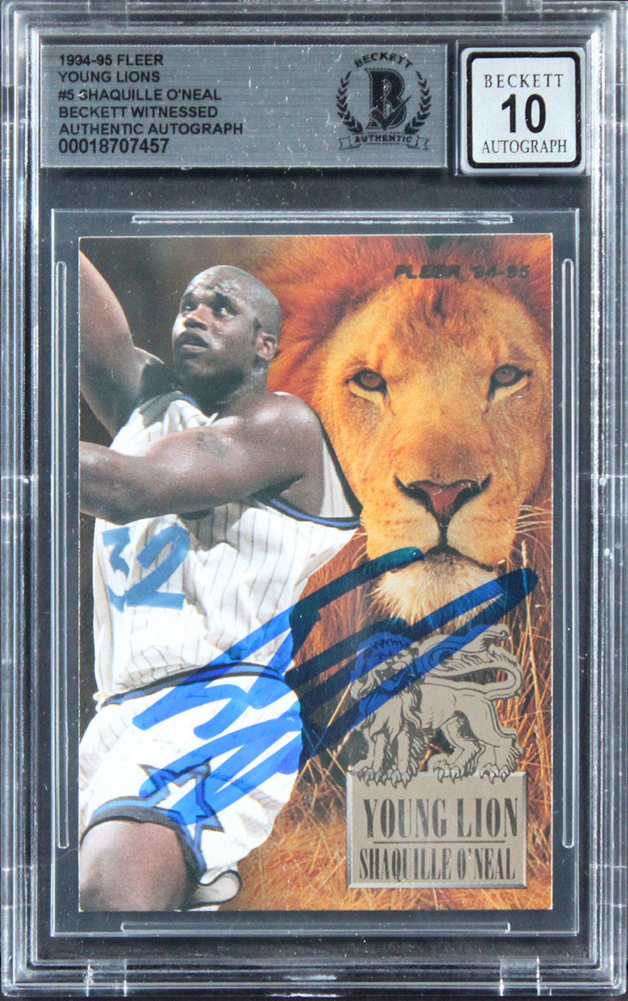 Magic Shaquille O'Neal Signed 1994 Fleer Young Guns #5 Card Auto 10! BAS Slabbed